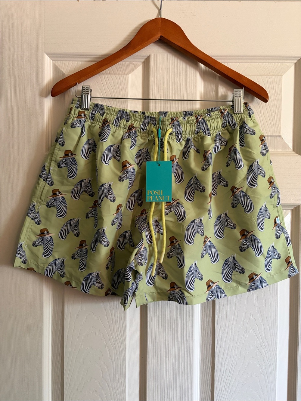 Posh Peanut Lime Zebra Print Swim Shorts with Yellow Drawstring